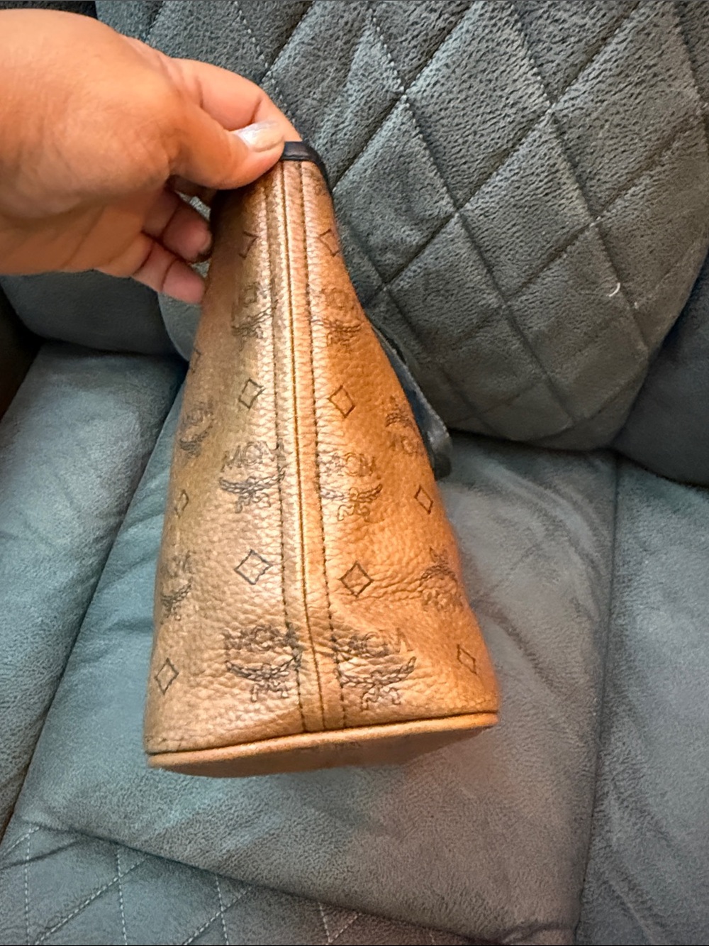 MCM -Style Brown Tote Bag with Blue Stripe - Picture 2 of 8